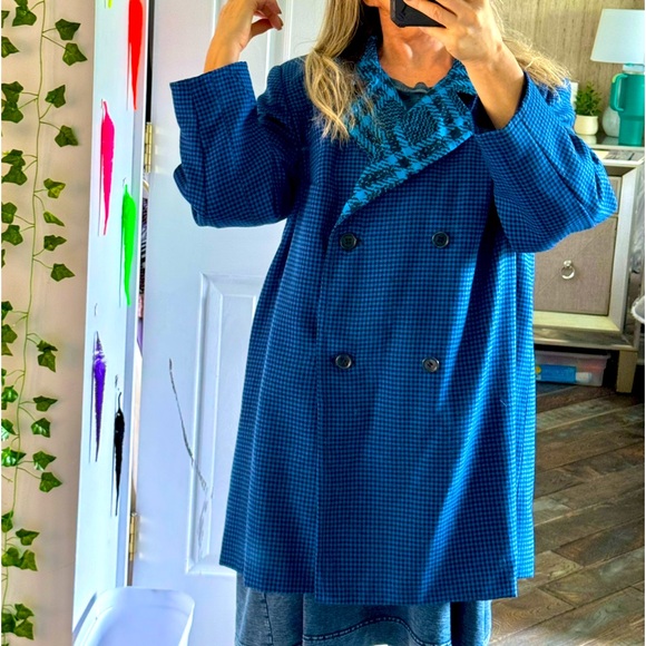 Vtg 80’-90’ | Blue & Black 100%Wool/100%Silk Houndstooth Plaid 3/4 Blazer/Coat - Picture 2 of 11